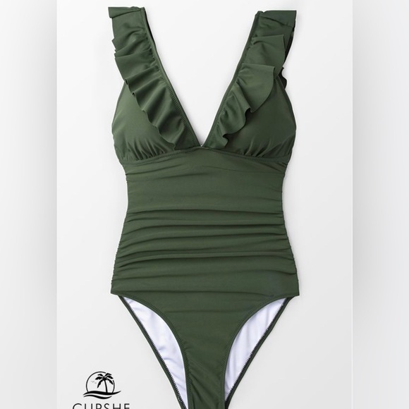 Cupshe Swim Moss Green Ruffle Tummy Control One Piece Swimsuit